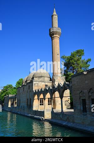 Located in Sanliurfa, Turkey, Rizvaniye Mosque was built in 1736. It is on the shore of Balikli Lake. Stock Photo