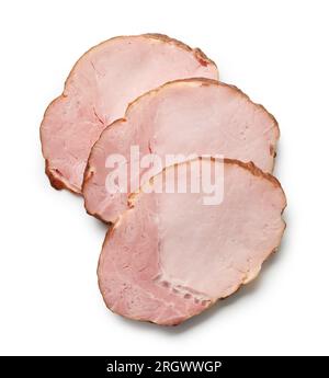 slices of smoked pork meat isolated on white background, top view Stock Photo