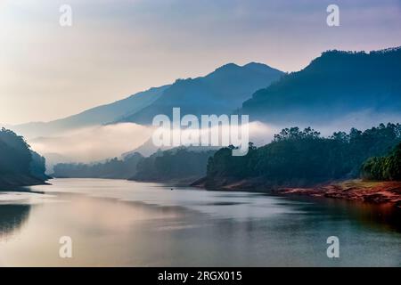 Beautiful Mountain View of Mattupetty Dam, Munnar, Kerala, India.One of the most scenic attractions in Munnar is the Mattupetty Dam, which offers a pa Stock Photo