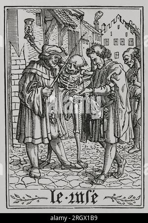 The Lawyer. A lawyer takes money in the middle of the street when he is bribed. Death is depicted as the centre of the scene contemplating the bribe. Facsimile of an engraving belonging to the series 'The Dance of Death' by Hans Holbein the Younger, in 'Les Simulachres et Histoires facées de la Mort', 1538. 'Vie Militaire et Religieuse au Moyen Age et à l'Epoque de la Renaissance'. Paris, 1877. Stock Photo