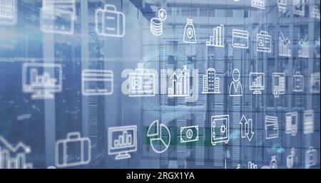 Image of multiple icons over digital clock against server racks in background Stock Photo