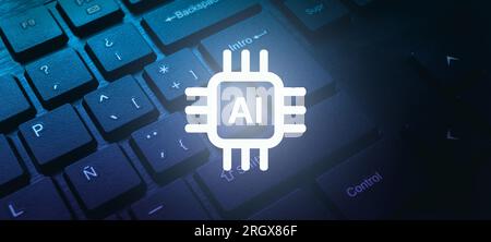 Banner photo of computer keyboard close up with AI chip virtual interface. Chat concept AI. Artificial Intelligence. Futuristic technology. Stock Photo