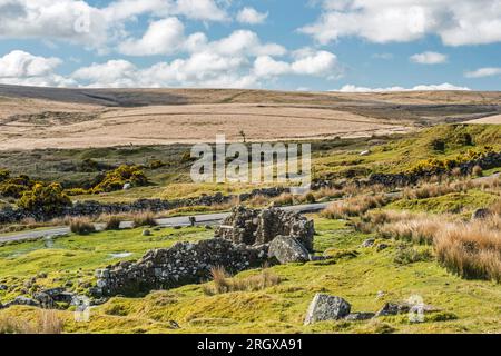 A view across Dartmoor from the Whiteworks not too far from Princetown on the western side of the Moor where once Tin Mining was carried out Stock Photo