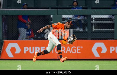 Luis Matos (6) (San Francisco Giants) of the Scottsdale Scorpions during an  Arizona Fall League game against the Surprise Saguaros on October 20, 2022  at Surprise Stadium in Surprise, Arizona. (Tracy Proffitt/Four