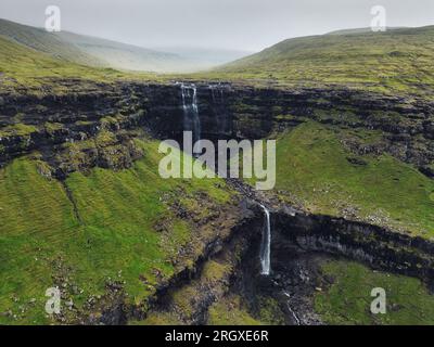 Aerial view of the Fossa Waterfall on island Bordoy in the Faroe ...