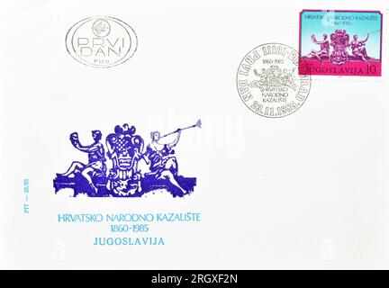 First Day Cover letter with cancelled postage stamp printed by Yugoslavia,  that celebrates 125th Anniversary of the Croatian National Theater, Zagreb Stock Photo