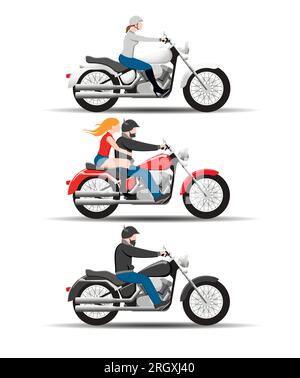 set of vector images of drivers and passengers of a classic motorcycle in various colors. Vector. Stock Vector