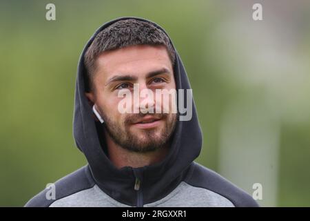 Exeter, UK. 12th Aug, 2023. Owen Dale #7 of Blackpool arrives ahead of the Sky Bet League 1 match Exeter City vs Blackpool at St James' Park, Exeter, United Kingdom, 12th August 2023 (Photo by Gareth Evans/News Images) in Exeter, United Kingdom on 8/12/2023. (Photo by Gareth Evans/News Images/Sipa USA) Credit: Sipa USA/Alamy Live News Stock Photo