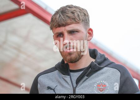 Exeter, UK. 12th Aug, 2023. Daniel Grimshaw #32 of Blackpool arrives ahead of the Sky Bet League 1 match Exeter City vs Blackpool at St James' Park, Exeter, United Kingdom, 12th August 2023 (Photo by Gareth Evans/News Images) in Exeter, United Kingdom on 8/12/2023. (Photo by Gareth Evans/News Images/Sipa USA) Credit: Sipa USA/Alamy Live News Stock Photo