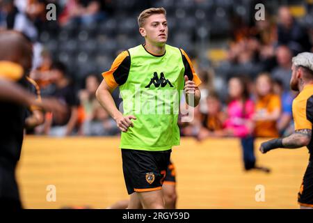 Hull, UK. 28th July, 2023. Liam Delap of Hull City warms up during the Sky Bet Championship match Hull City vs Sheffield Wednesday at MKM Stadium, Hull, United Kingdom, 12th August 2023 (Photo by Ryan Crockett/News Images) in Hull, United Kingdom on 7/28/2023. (Photo by Ryan Crockett/News Images/Sipa USA) Credit: Sipa USA/Alamy Live News Stock Photo