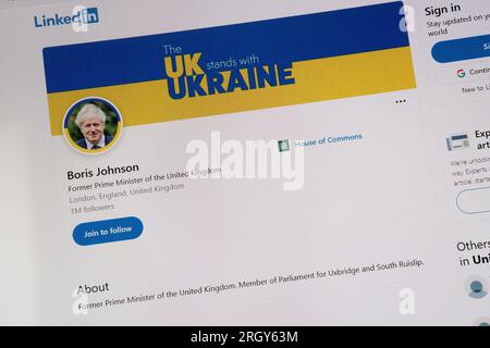 The LinkedIn site of Boris Johnson, former UK Prime Minister. Stock Photo