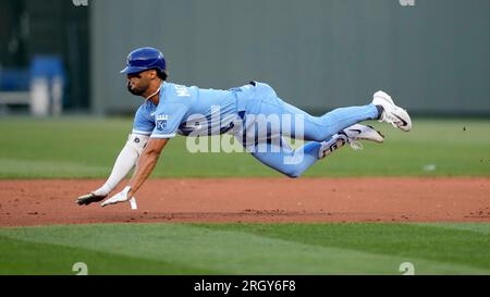 Kansas, USA. 11th Aug, 2023. AUG 11, 2023: Kansas City Royals right fielder MJ Melendez (1) slides into 2nd base at Kauffman Stadium Kansas City, Missouri. Jon Robichaud/CSM. Credit: Cal Sport Media/Alamy Live News Stock Photo