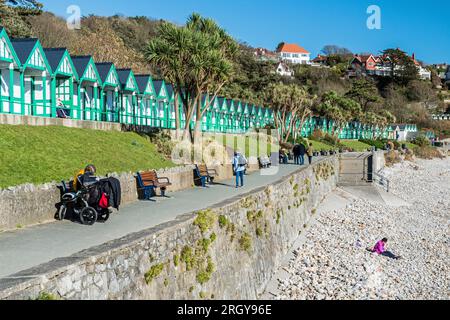 Seafront and Beach Huts at Langland Bay on the Gower Peninsula on a sunny day in February and just along the coast from Bracelet Bay Stock Photo