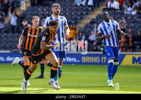 Hull, UK. 28th July, 2023. Ozan Tufan of Hull City celebrates his goal during the Sky Bet Championship match Hull City vs Sheffield Wednesday at MKM Stadium, Hull, United Kingdom, 12th August 2023 (Photo by Ryan Crockett/News Images) in Hull, United Kingdom on 7/28/2023. (Photo by Ryan Crockett/News Images/Sipa USA) Credit: Sipa USA/Alamy Live News Stock Photo