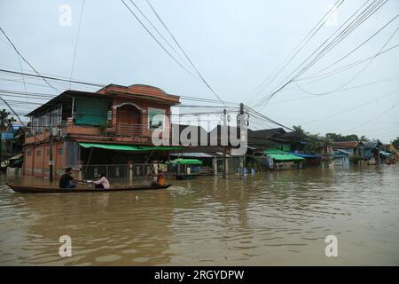 Bago. 12th Aug, 2023. This photo taken on Aug. 12, 2023 shows a flooded area in Bago, Myanmar. Myanmar's Department of Disaster Management said on Friday that more than 45,000 people were currently in the flood shelters across the country due to floods triggered by surging river levels and intense rainfall in recent days.TO GO WITH 'Roundup: Over 45,000 displaced as floods, landslides hit Myanmar' Credit: Myo Kyaw Soe/Xinhua/Alamy Live News Stock Photo