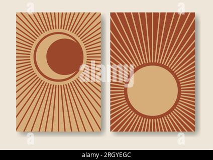 Sun and moon eclipse aesthetic minimalist poster set illustration Stock Vector