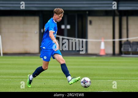 Swansea, Wales. 12 August 2023. Luke Gilbert of Peterborough United during the Under 18 Professional Development League game between Swansea City and Peterborough United at the Swansea City Academy in Swansea, Wales, UK on 12 August 2023. Credit: Duncan Thomas/Majestic Media/Alamy Live News. Stock Photo