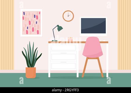 home office concept, modern interior workspace with desk, desktop computer, chair, houseplant, poster, lamp, candle and clock - vector illustration Stock Vector