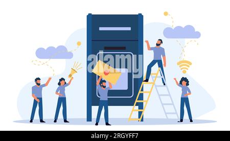 Newsletter email mailbox vector illustration with people man and woman. Inbox mail subscribe message envelope marketing communication design. Online b Stock Vector