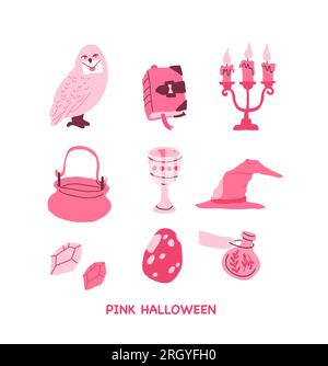 Pink Halloween vector set with candles, mail owl, book of spells, cauldron, pot, goblet, magic hat, diamonds, egg, magic potion bottle. Pink print in flat style. Halloween party symbols. Vector illustration Stock Vector
