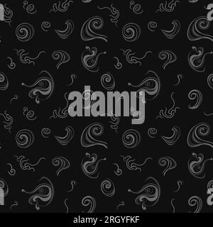 Seamless pattern light gray smoke on a black background. Curls and puffs of smoke. Vector illustration, isolated. Stock Vector