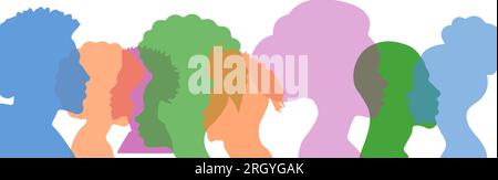 Set of profile silhouette faces girls and boys. Group young African and African American men and women. Racial equality and justice. Stock Vector