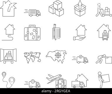 Moving and Relocation Icons Set. Moving House, Luggage, Airplane. Editable Stroke. Simple Icons Vector Collection Stock Vector