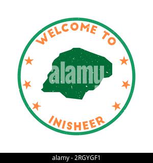 Welcome to Inisheer stamp. Grunge island round stamp with texture in Mango Tango color theme. Vintage style geometric Inisheer seal. Stock Vector