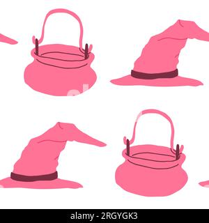 Pink Halloween pattern on white. Witch cauldron, witch hat. Wizard pattern. Vector illustration Stock Vector