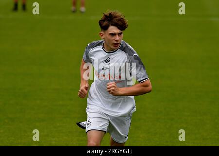 Swansea, Wales. 12 August 2023. Harlan Perry of Swansea City during the Under 18 Professional Development League game between Swansea City and Peterborough United at the Swansea City Academy in Swansea, Wales, UK on 12 August 2023. Credit: Duncan Thomas/Majestic Media/Alamy Live News. Stock Photo