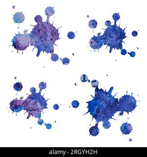 Paint blots with watercolor background texture. Set of blue-violet watercolor stains. Design elements shape splashes, drops and spots. Vector illustra Stock Vector