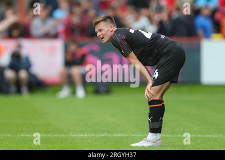 Exeter, UK. 12th Aug, 2023. Andy Lyons #24 of Blackpool reacts after the Sky Bet League 1 match Exeter City vs Blackpool at St James' Park, Exeter, United Kingdom, 12th August 2023 (Photo by Gareth Evans/News Images) in Exeter, United Kingdom on 8/12/2023. (Photo by Gareth Evans/News Images/Sipa USA) Credit: Sipa USA/Alamy Live News Stock Photo