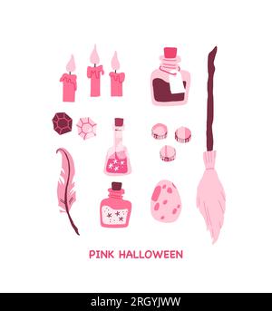 Pink Halloween vector set with candles, magic potion, broom, coins, dragon egg, feather, diamonds. Pink print in flat style. Halloween party symbols. Vector illustration Stock Vector