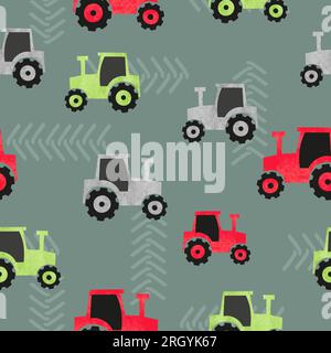 Seamless watercolor colorful tractor pattern for kids. Stock Vector