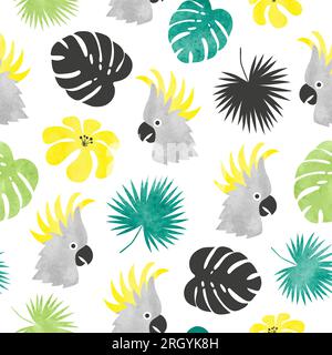 Seamless vector tropical pattern with watercolor parrots, palm leaves and flowers. Stock Vector