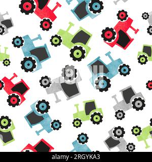 Seamless watercolor colorful tractor pattern for kids. Stock Vector