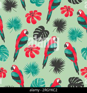 Seamless bright tropical pattern with watercolor parrots and palm leaves. Stock Vector