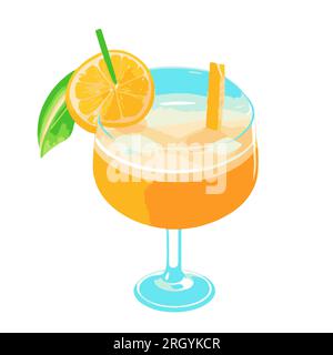 Tropical fruity yellow cocktail of orange, mango, pineapple, banana, passion fruit, melon. Stem glass with juice, straw, orange slice and mint leaf. V Stock Vector