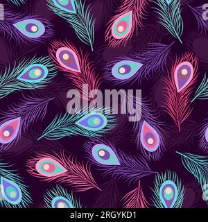 Seamless hand drawn peacock feathers pattern. Vector colorful background. Stock Vector