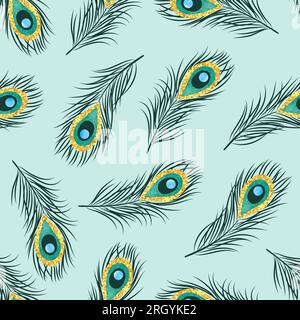 Seamless hand drawn peacock feathers pattern. Vector background. Stock Vector