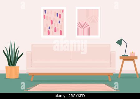 modern living room interior with comfortable sofa, houseplant, lamp, candle, table, posters and rug- vector illustration Stock Vector