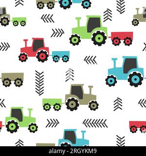 Seamless hand drawn tractor pattern for kids. Stock Vector
