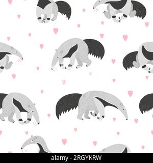 Seamless pattern with cute cartoon ant eater and hearts. Stock Vector