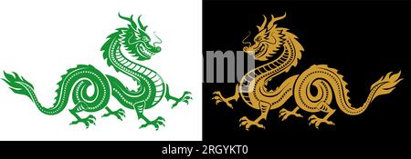 2024 symbol year. Traditional green and gold chinese dragons for greeting card, invitation in cartoon style. Vector on transparent and dark background Stock Vector