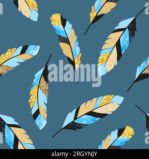 Seamless vector pattern with blue and golden decorative feathers. Stock Vector