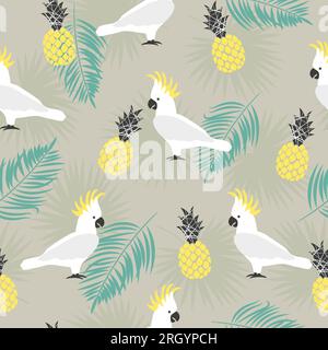 Seamless summer pattern with cute parrots, palm leaves and pineapples. Vector tropical background. Stock Vector