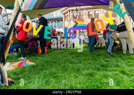 Newcastle upon Tyne, UK. 12th August 2023. Novum Summer Festival in the city, featuring multi-art forms and running 11-13th August. The festival is hoped to become an annual event, showcasing local, national and international talent. -- Curious Arts stall with Express Yourself craft activities. Credit: Hazel Plater/Alamy Live News Stock Photo