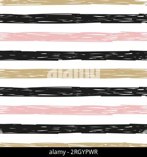 Seamless doodle striped pattern. Hand drawn pink, black and golden lines. Stock Vector