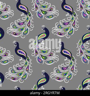 Seamless hand drawn peacock bird pattern. Stock Vector