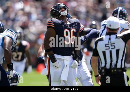 Chicago Bears defensive tackle Zacch Pickens looks the scoreboard during an NFL  preseason football game against the Tennessee Titans Saturday, August 12,  2023, in Chicago. (AP Photo/Charles Rex Arbogast Stock Photo - Alamy